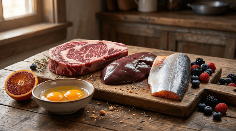 artgerechte-ernaehrung-natuerliche-lebensmittel Artgerechte Ernährung: rohes Fleisch, Leber, Lachs, Eier und Beeren auf einem Holzbrett