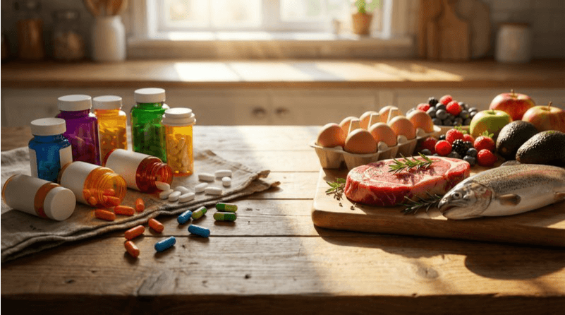 vitamine-supplements-vs-natuerliche-lebensmittel Bunte Supplement-Flaschen und Kapseln im Vergleich zu frischen natürlichen Lebensmitteln wie Fleisch, Eiern und Fisch